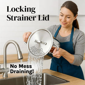 Cooler Concepts twist-lock pasta pot lid keeps water in while draining.