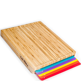 Cooler Kitchen bamboo cutting board set with holder for organized kitchen prep.