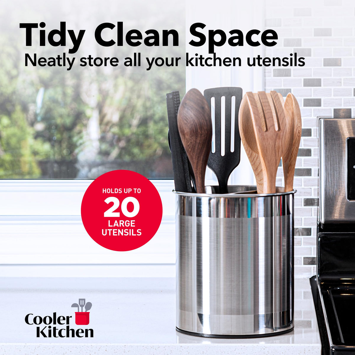 Cooler Kitchen countertop stainless-steel caddy adds durable utensil storage to any kitchen.