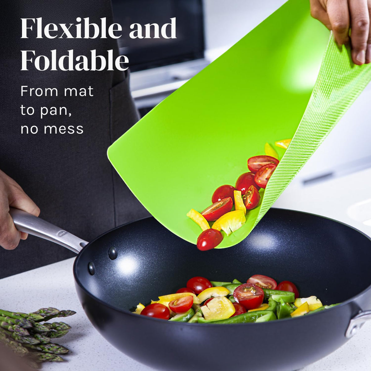 Cooler Kitchen waffle-back mats prevent slipping on countertops during chopping.