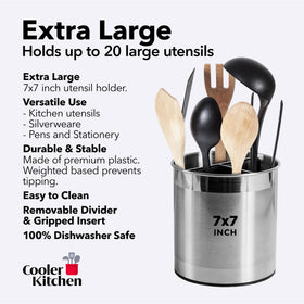 Cooler Kitchen dishwasher-safe metal utensil holder for quick cleanup after meal prep.