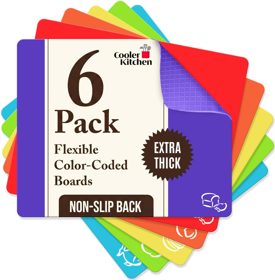 Cooler Kitchen extra-thick color-coded cutting mats for organized prep and cross-contact control.