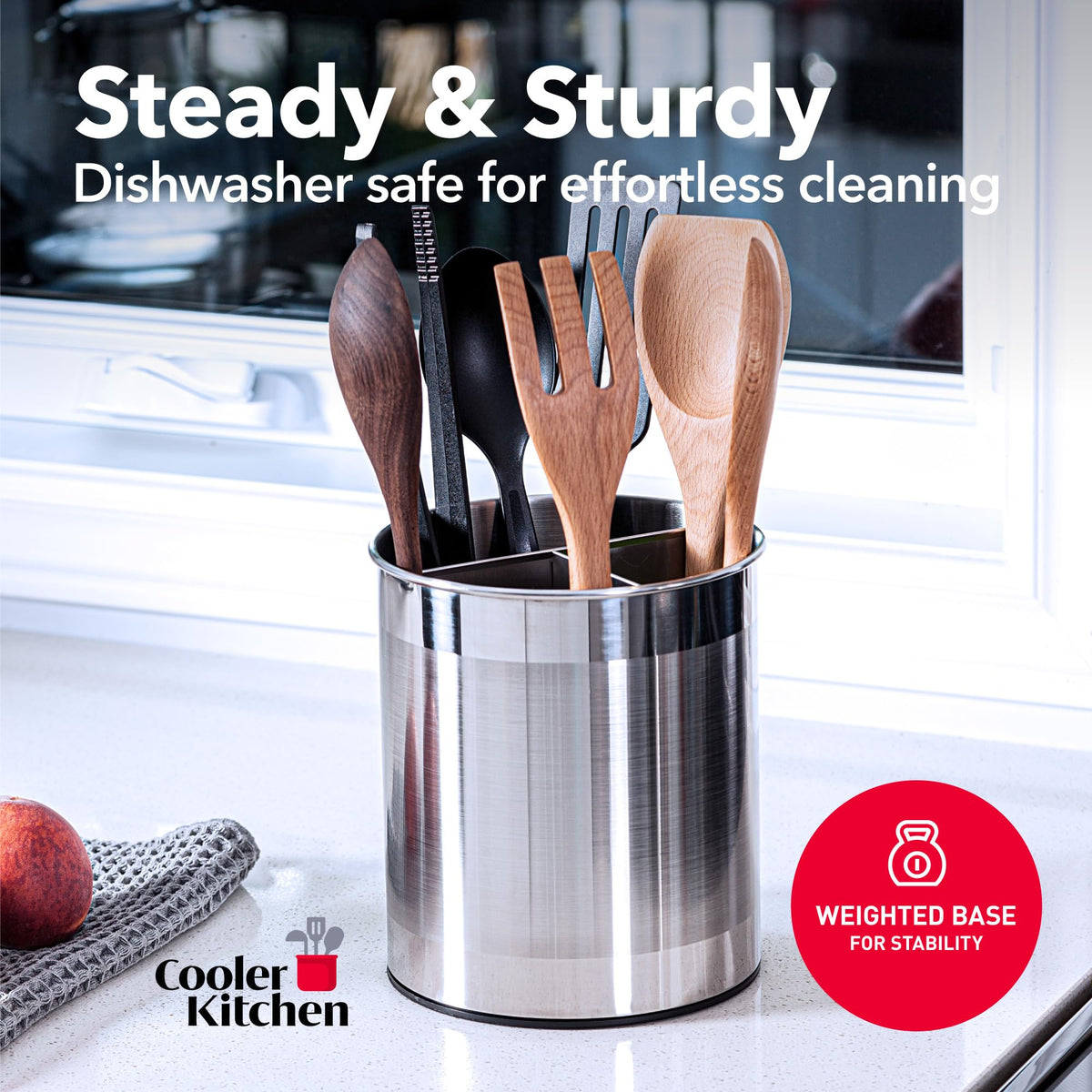 Cooler Kitchen gripped insert bottom prevents utensils from sliding while cooking.