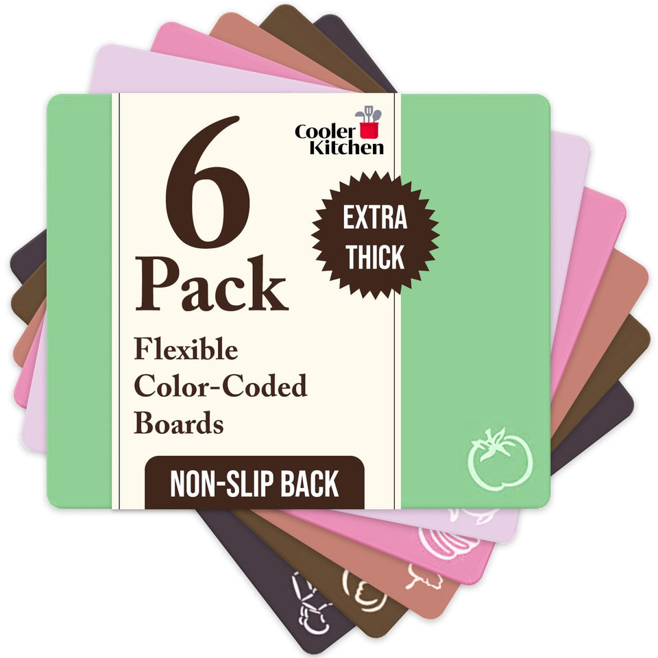 Cooler Kitchen six-piece cutting mats with color icons for organized prep.
