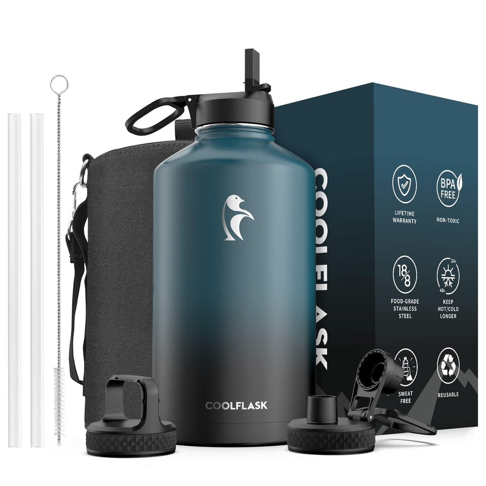 Coolflask 128oz gallon bottle front view for all-day hydration on the go.