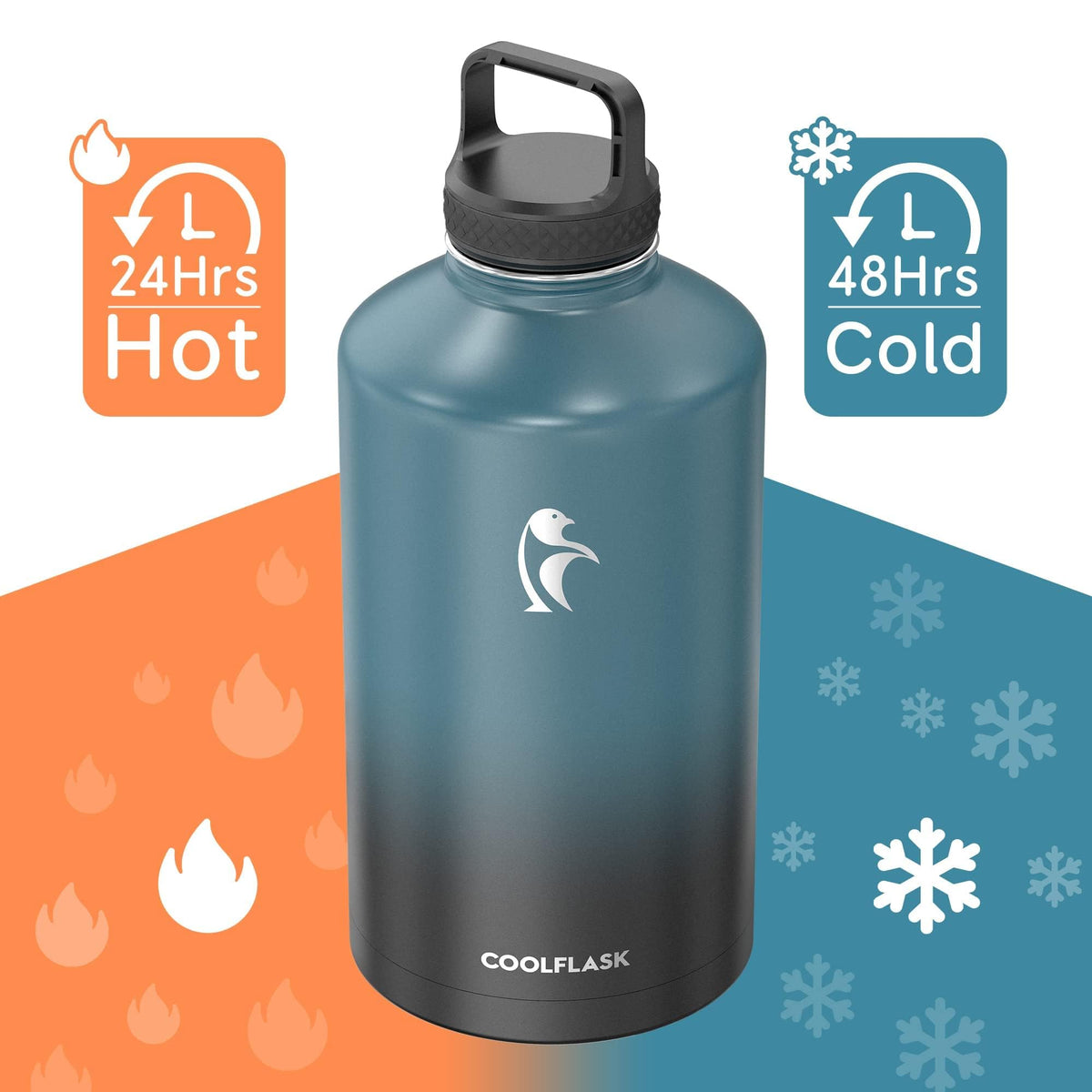 Coolflask 128oz gallon bottle wide mouth open for easy filling and cleaning.