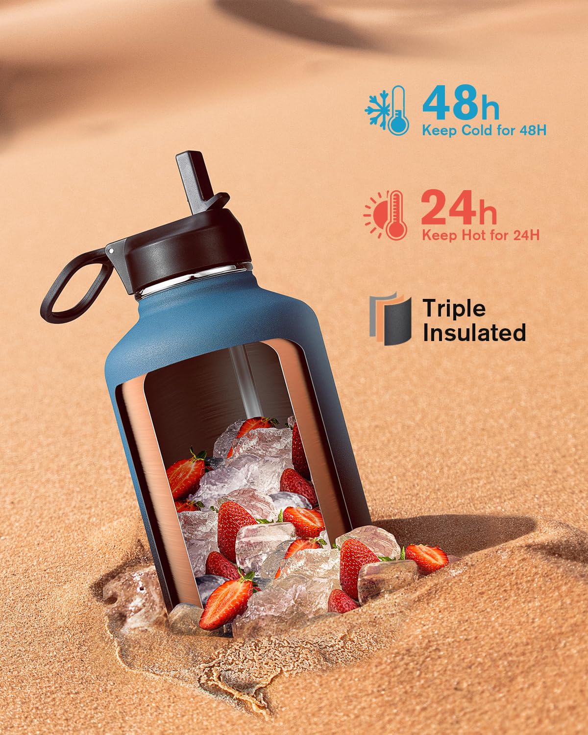 Coolflask 64oz insulated bottle side profile showing wide mouth for easy filling.