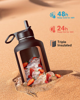Coolflask 64oz bottle side view with straw lid for cold drinks