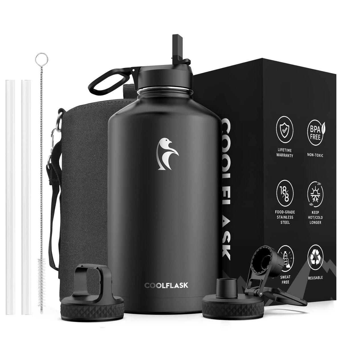 Coolflask gallon bottle with wide-mouth cap for easy ice filling and cleaning.