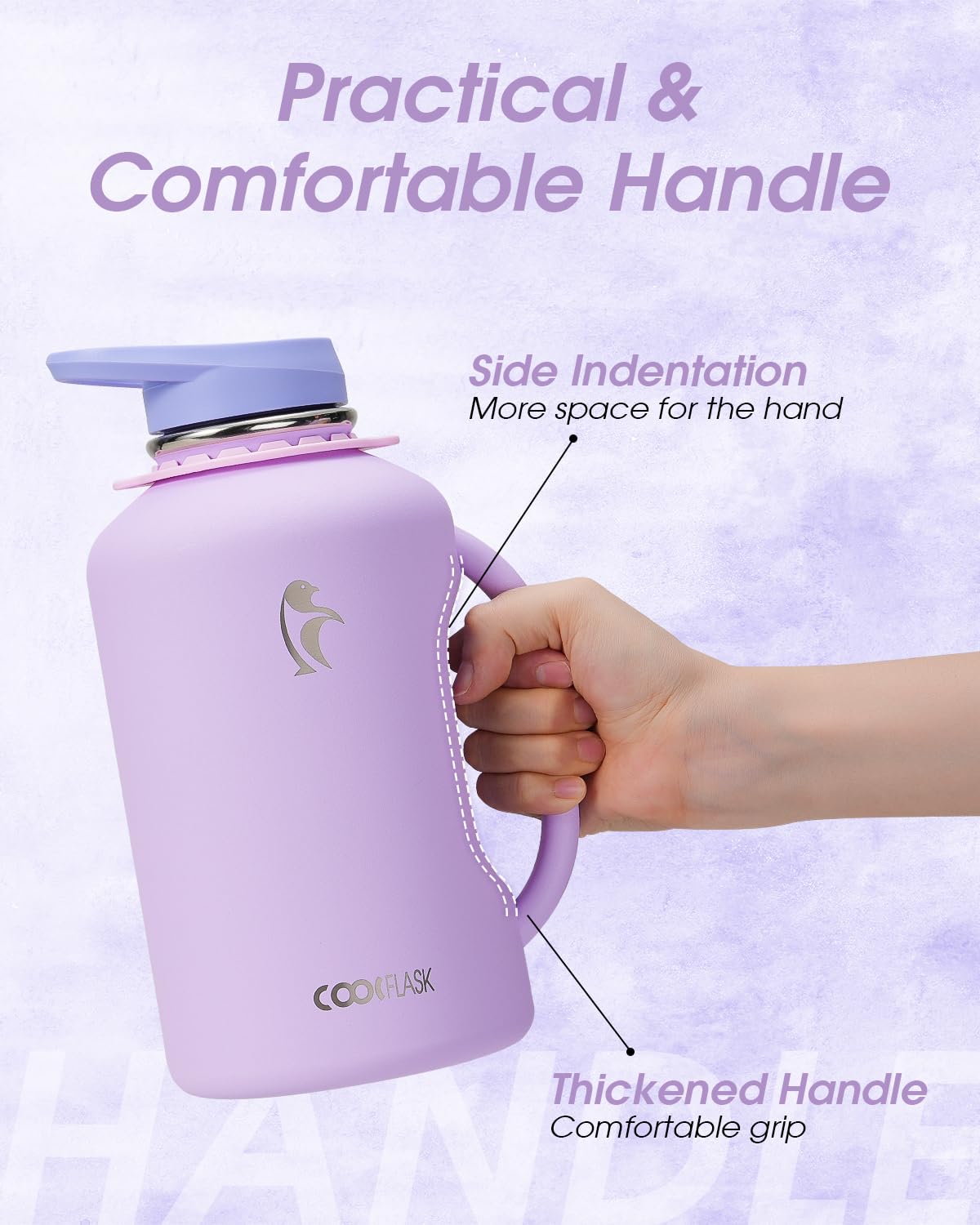 Coolflask lavender bottle with ergonomic handle grip for comfortable carrying