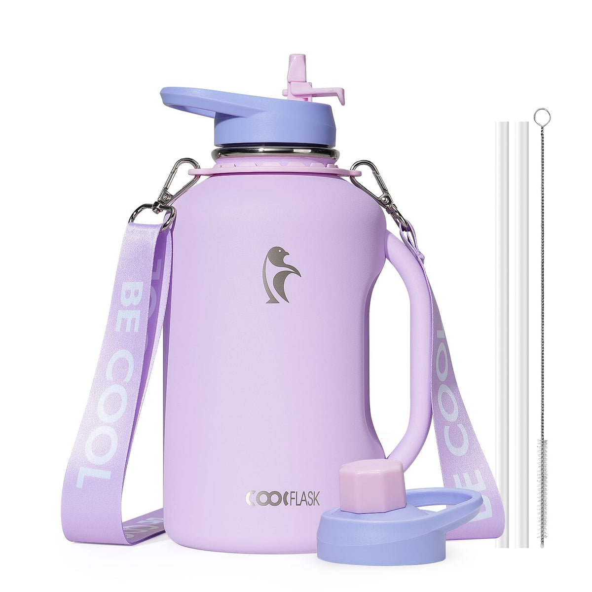 Coolflask 64 oz lavender bottle with straw for easy hydration on the go