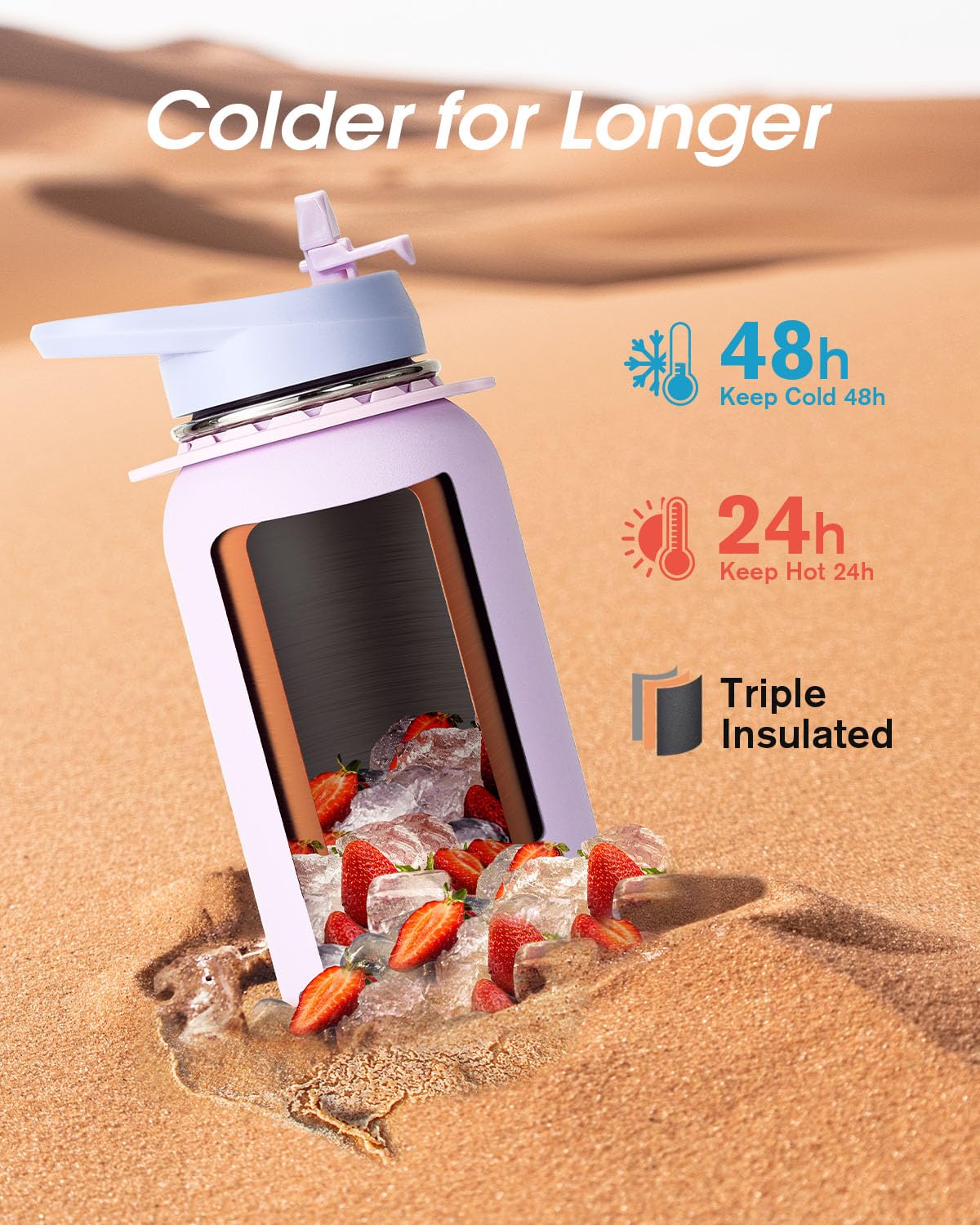 Coolflask Lavender 40 oz bottle side view highlighting travel-friendly form.