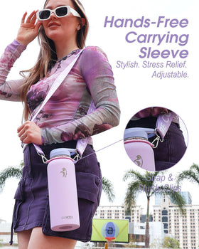 Coolflask Lavender bottle showing leak-proof cap design in action.