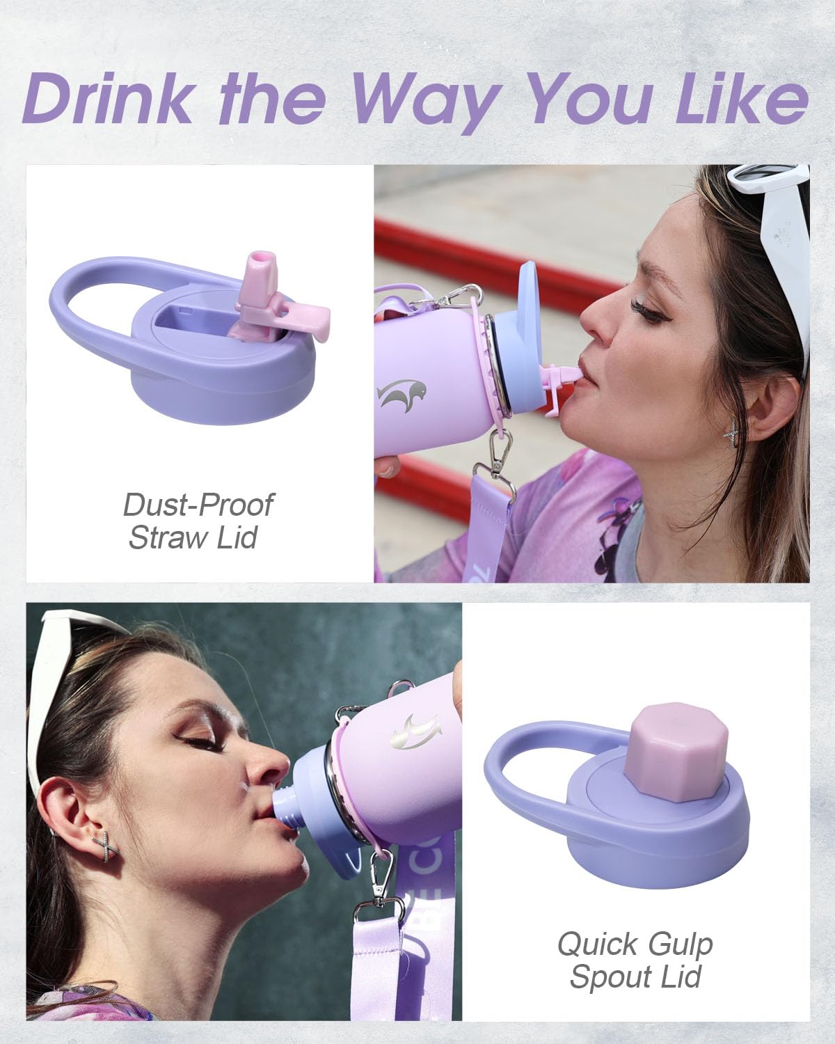 Coolflask Lavender bottle with spout lid closeup for quick gulps.