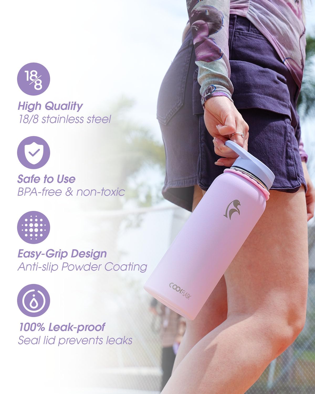 Coolflask Lavender 40 oz bottle with adjustable strap for hands-free carry.