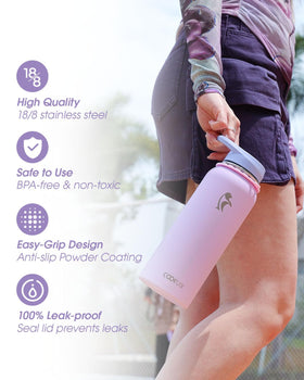 Coolflask Lavender 40 oz bottle with adjustable strap for hands-free carry.