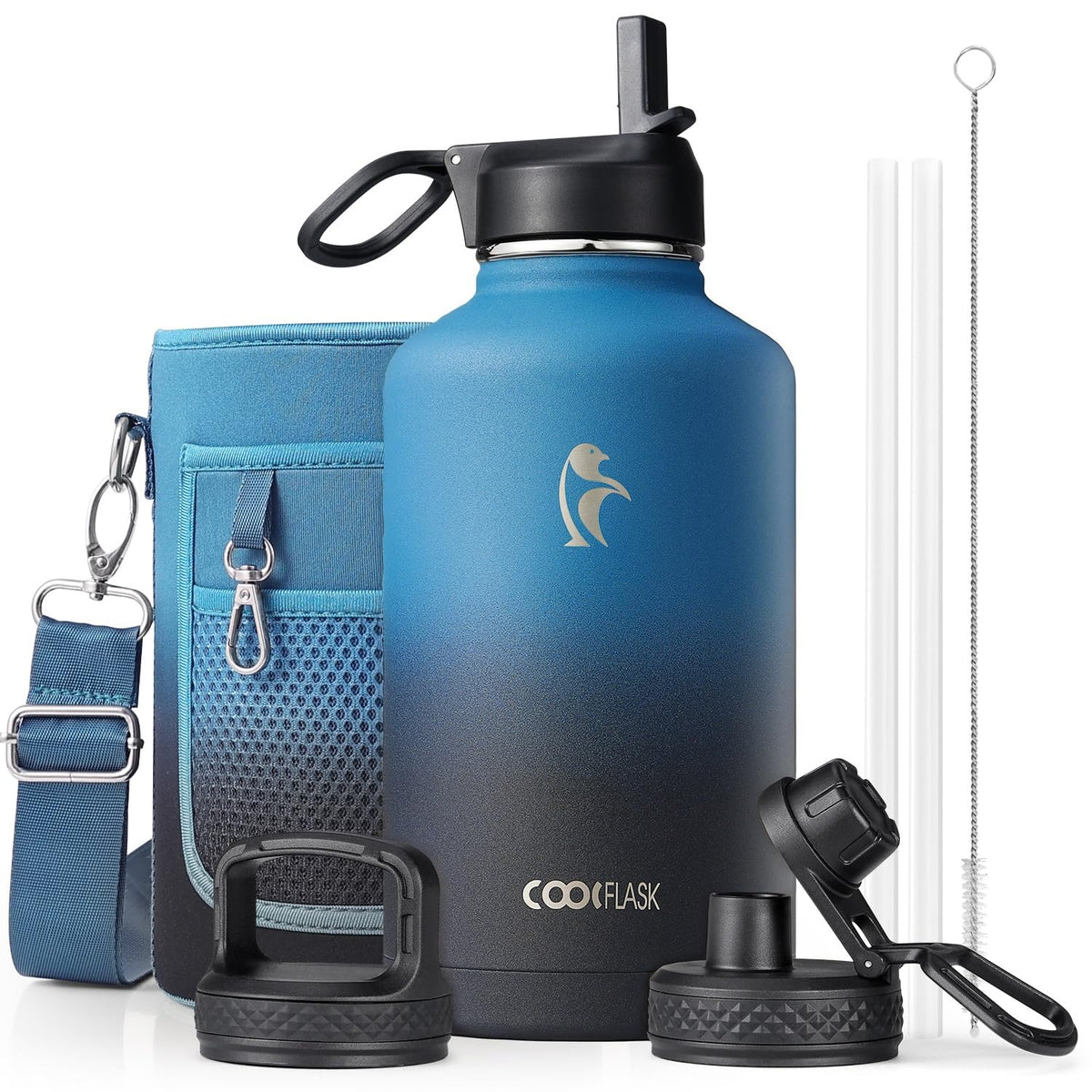 Coolflask Samurai Cyan 64oz bottle viewed from front, durable insulated design for all-day hydration.
