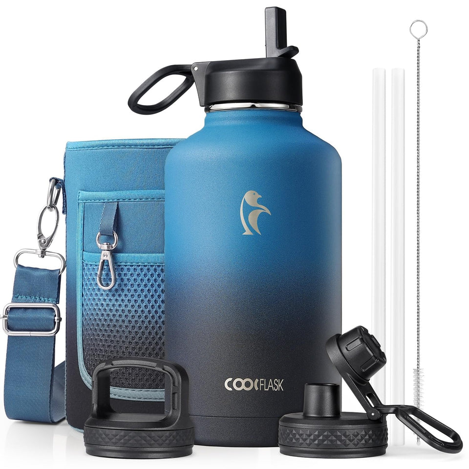 Coolflask Samurai Cyan 64oz bottle viewed from front, durable insulated design for all-day hydration.
