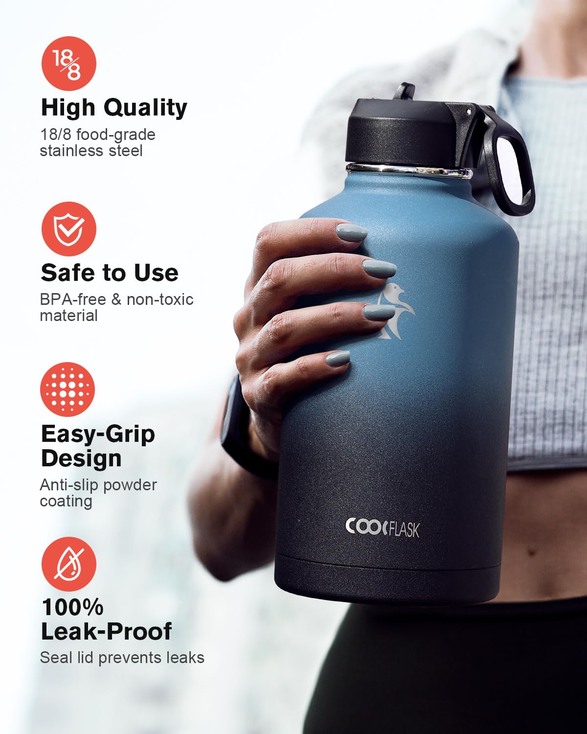 Coolflask three lids with screw, flip, and straw for versatile on-the-go use.