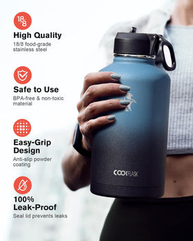 Coolflask three lids with screw, flip, and straw for versatile on-the-go use.