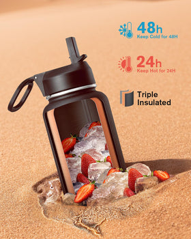 Coolflask 40 oz lid-types shows three lids for ice, hot drinks, and sipping