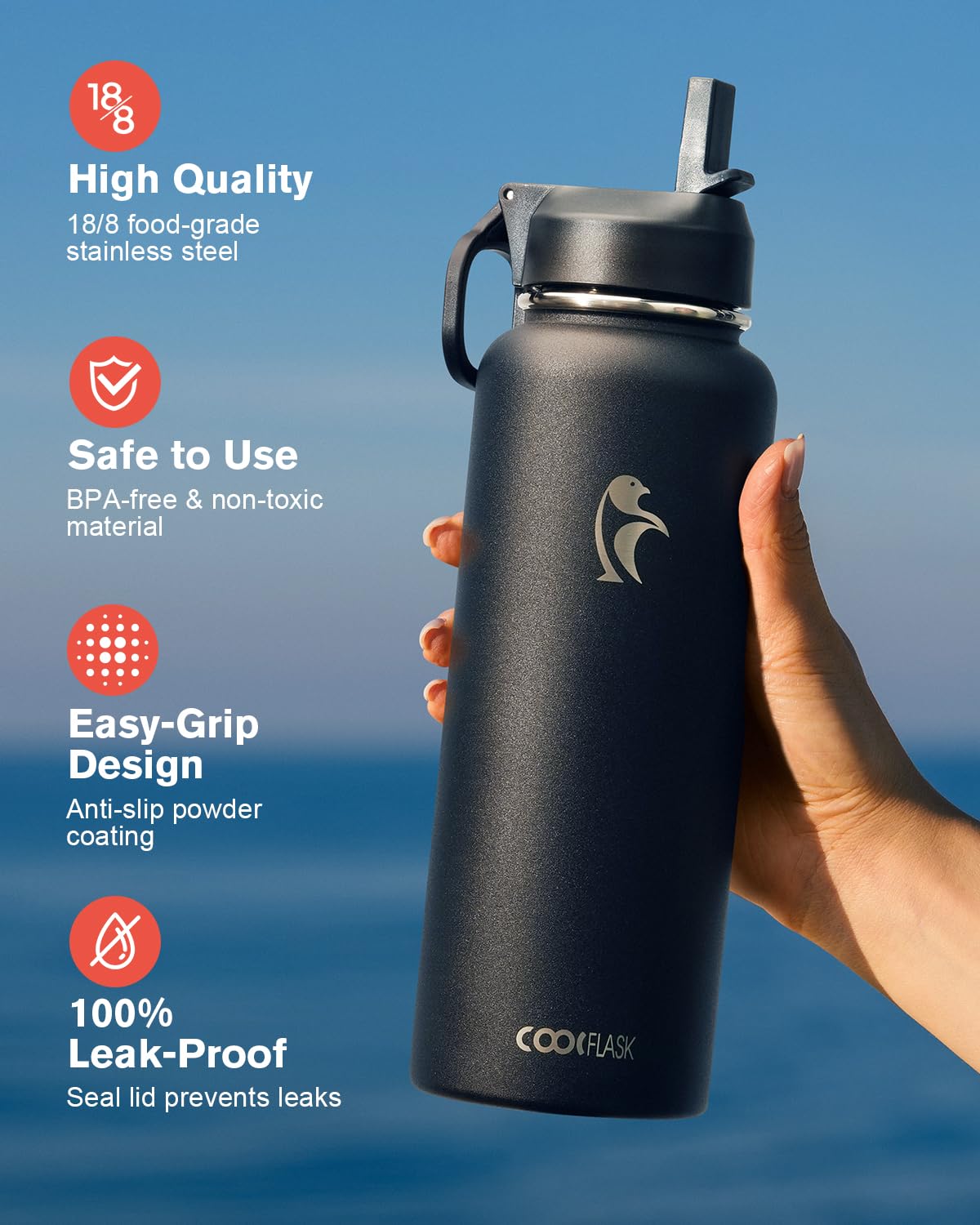Coolflask 40 oz vacuum-insulated closeup highlights double-wall keeping beverages cold for 48 hours