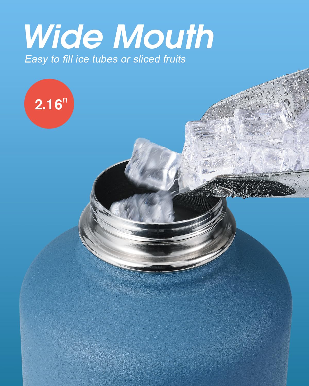 Coolflask wide-mouth stainless steel bottle ready for ice and easy cleaning.