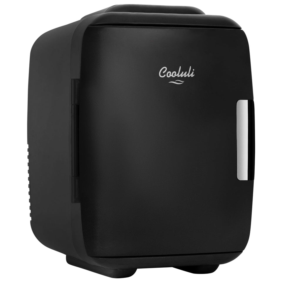 Cooluli Classic 4L compact dorm fridge on a desk for snacks.