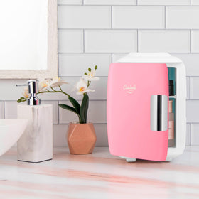 Cooluli mini fridge dorm-room setup beside study desk.