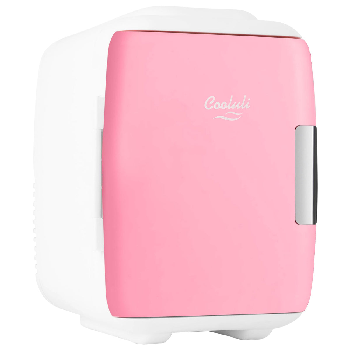 Cooluli mini fridge pink front view for compact bedroom cooling.