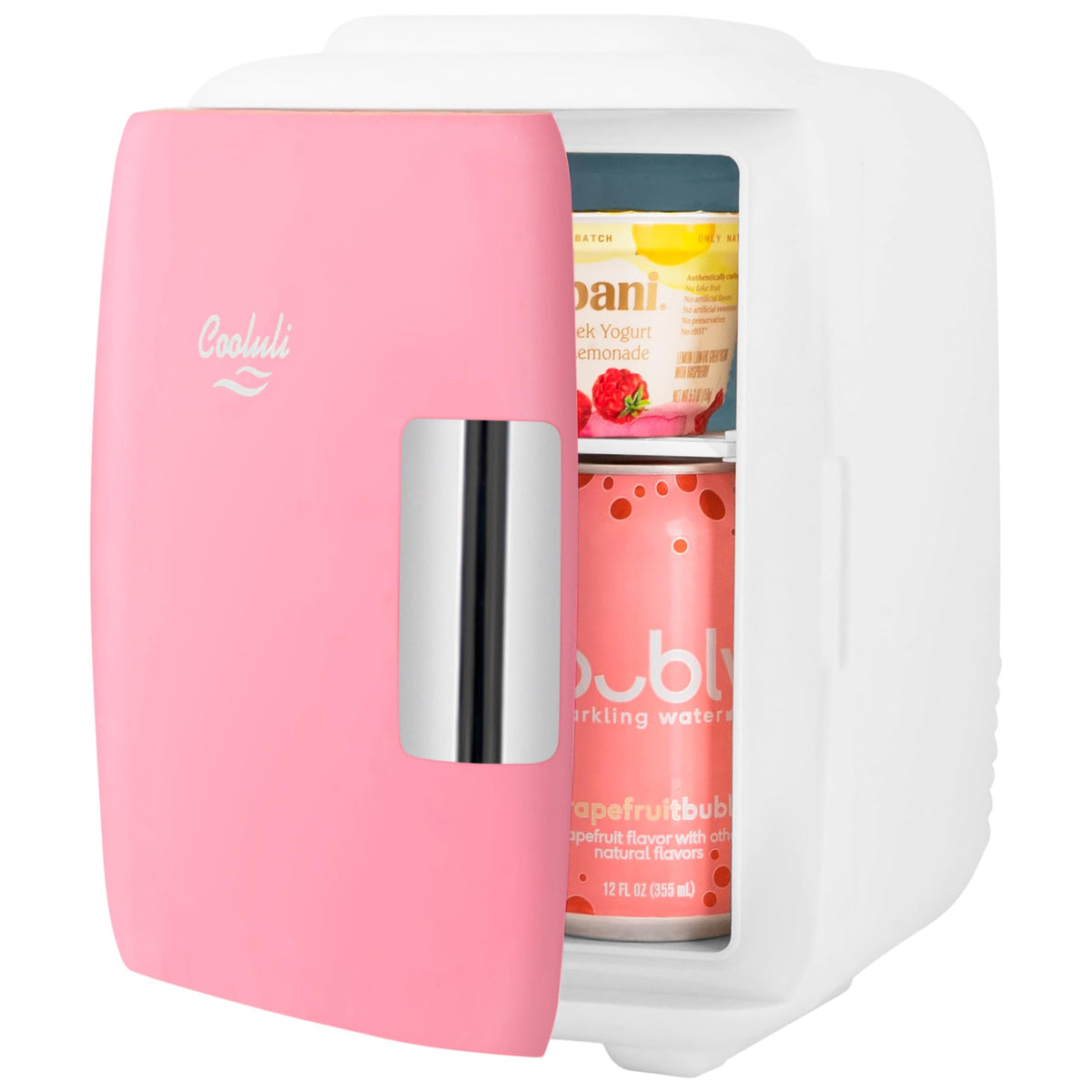 Cooluli mini fridge pink side view showing portable storage.