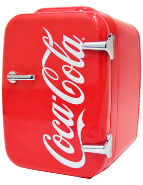 Cooluli Retro Coca-Cola Mini Fridge front logo highlights iconic branding and cooling capability.