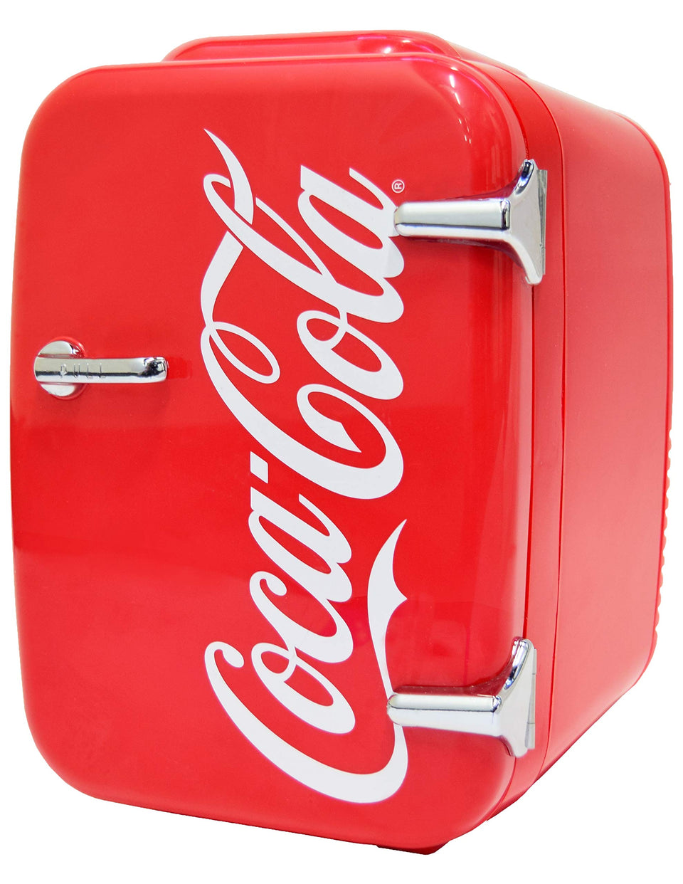 Cooluli Retro Coca-Cola Mini Fridge front logo highlights iconic branding and cooling capability.
