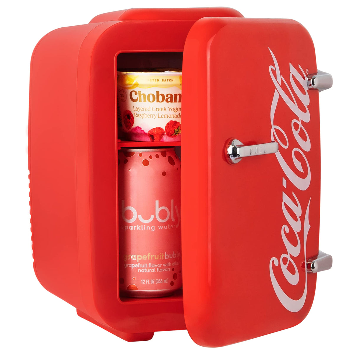Cooluli Retro Coca-Cola Mini Fridge interior shows usable space for drinks and skincare.
