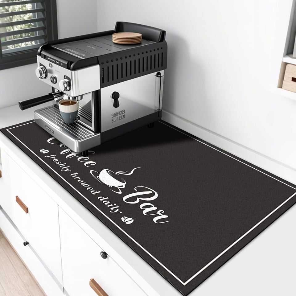 CooRug absorbent coffee mat shown on a counter, 17x32 inches, absorbs spills and stays in place