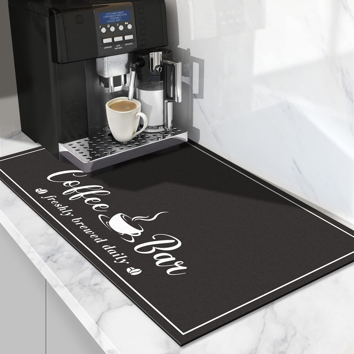CooRug absorbent coffee mat in black close-up showing plush surface and non-slip texture for counter protection