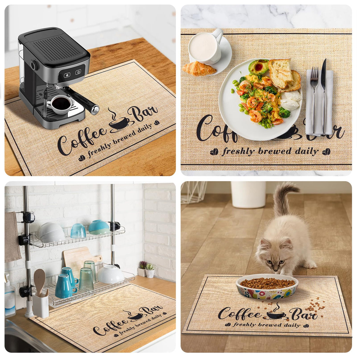 Easy-clean CooRug coffee mat; wipe or machine-wash for quick refresh.