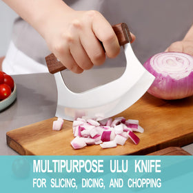 Coowolf Ulu Knife blade close-up highlights stainless steel curve for quick slicing.