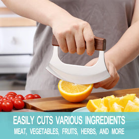 Coowolf Ulu Knife slicing meat, demonstrating versatile kitchen performance.