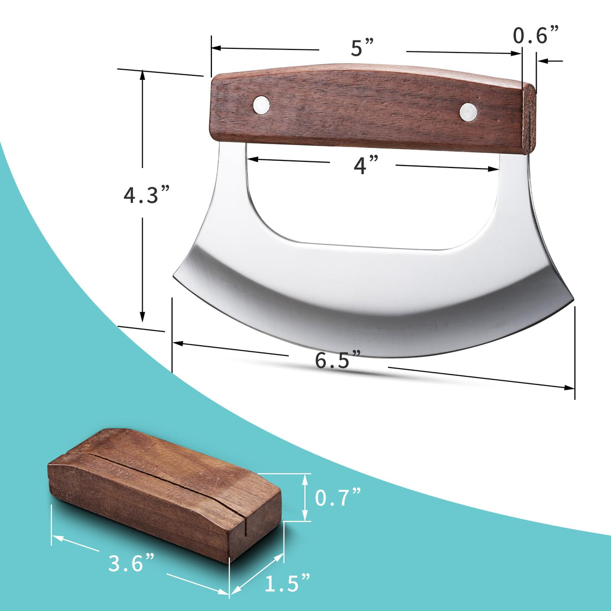Coowolf Ulu Knife on display with walnut stand, emphasizing elegant storage.