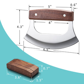 Coowolf Ulu Knife on display with walnut stand, emphasizing elegant storage.