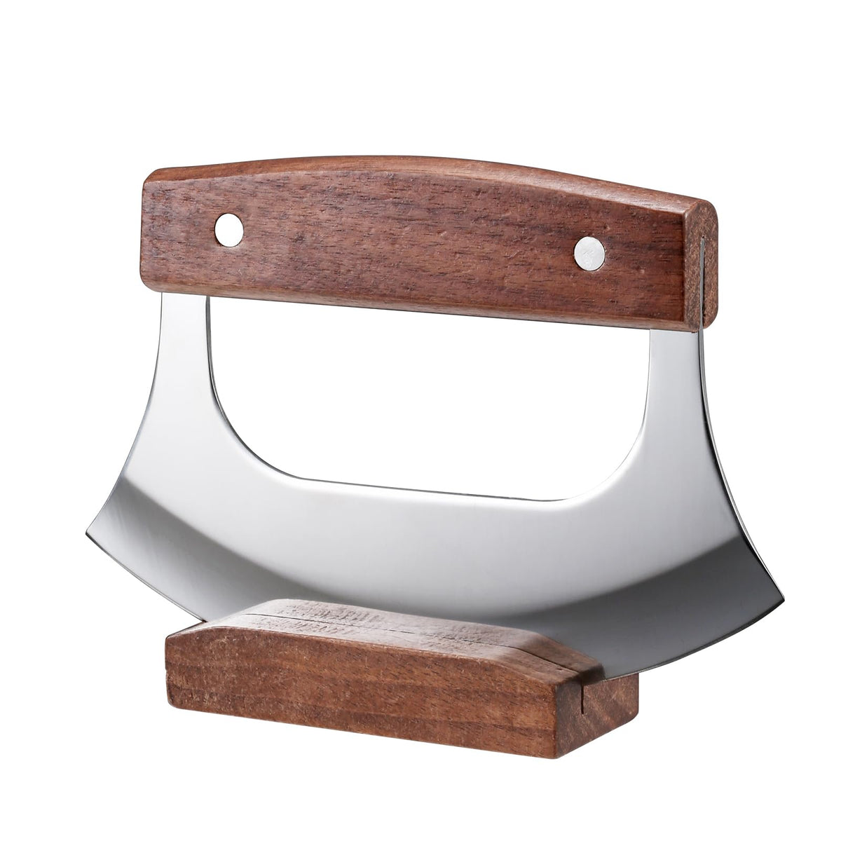 Coowolf Ulu Knife with walnut stand, upright storage for safe, easy access.