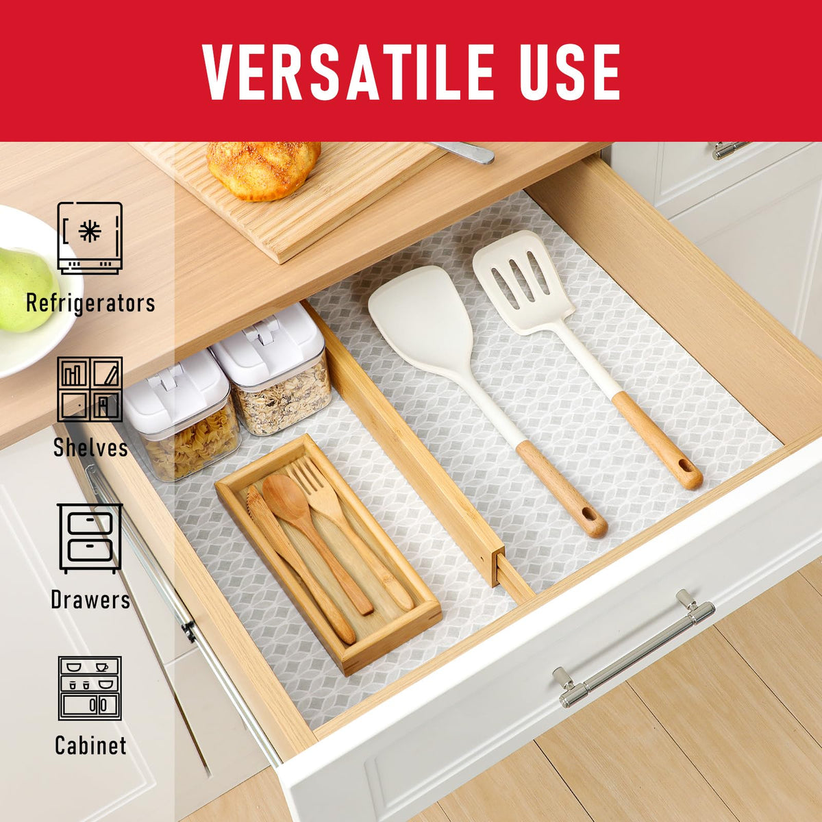 Cooyes kitchen cabinet liners help organize and protect surfaces.