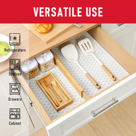 Cooyes kitchen cabinet liners help organize and protect surfaces.