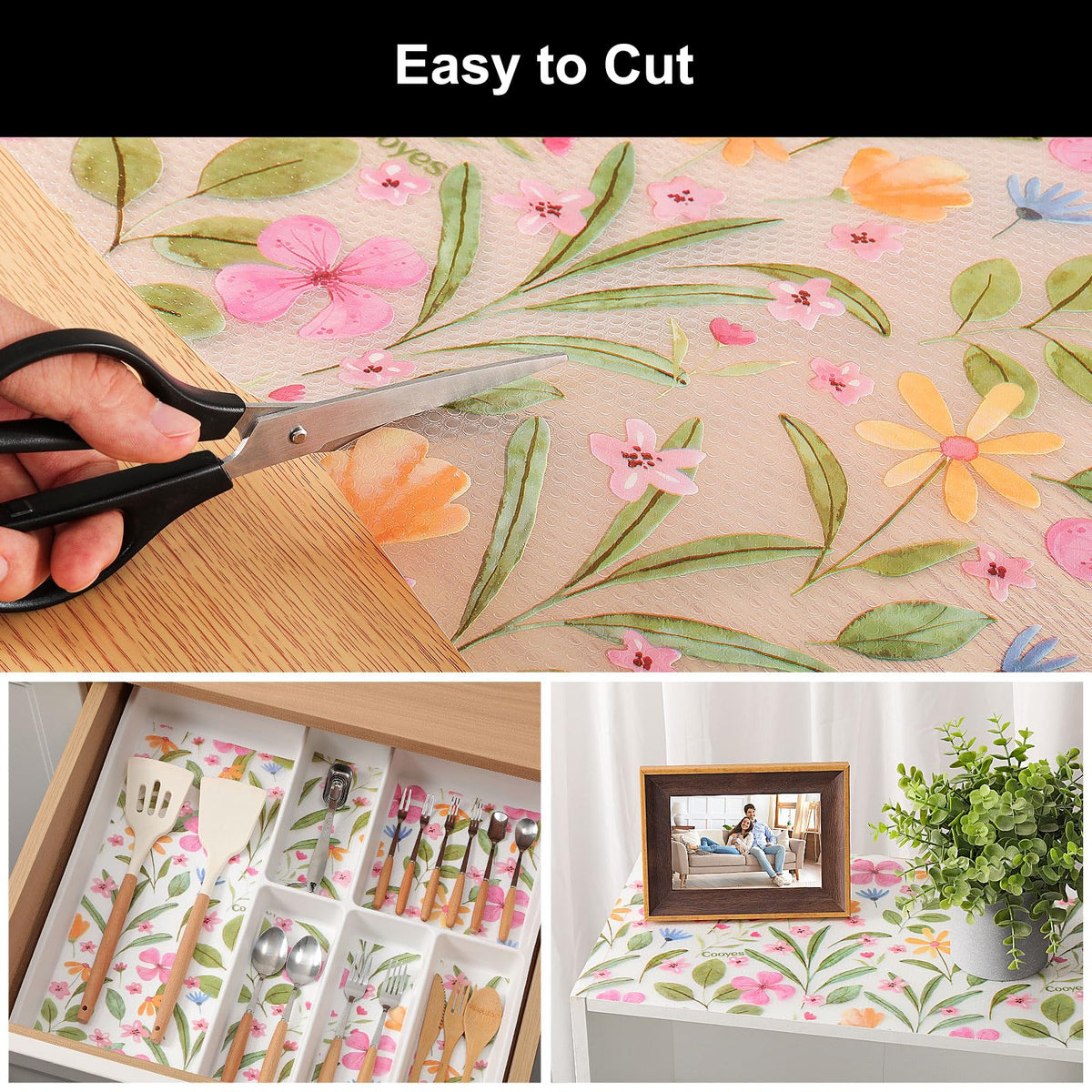 Cooyes pantry liner on shelves creates a clean, organized look.