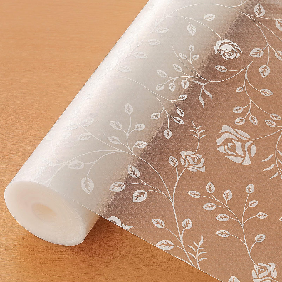 Cooyes shelf liner with daisy pattern enhances cabinet organization and easy cleaning.