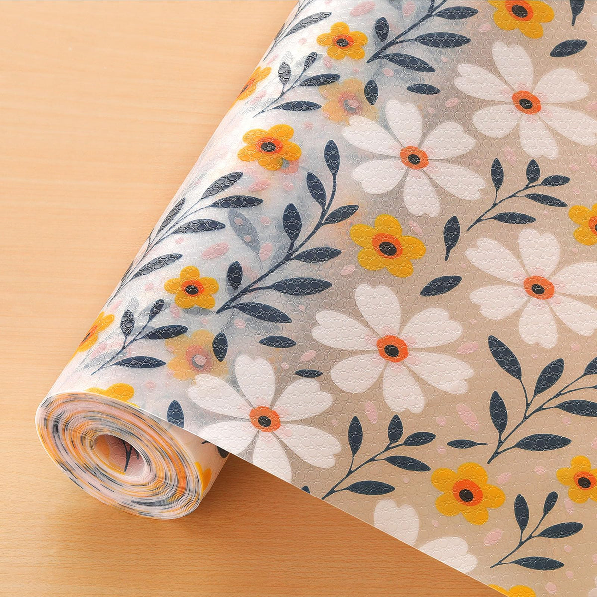 Cooyes shelf liner daisy pattern protecting kitchen surfaces while elevating style.