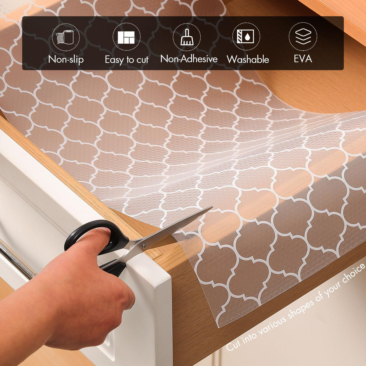 Cooyes liner installed in fridge shelves protecting from moisture and spills.