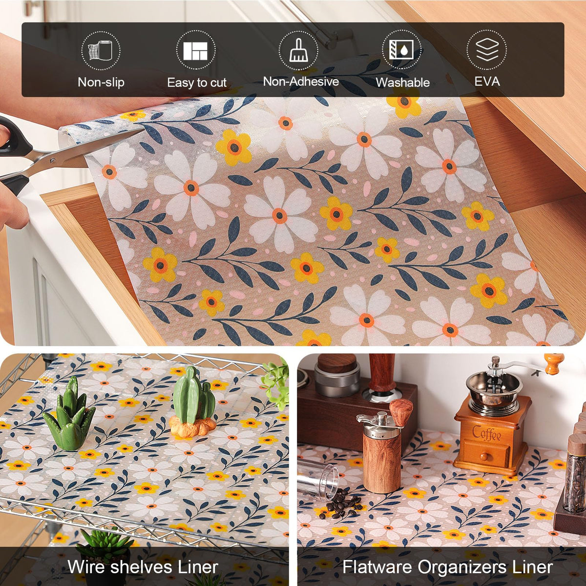 Cooyes shelf liner in-drawer use demonstrates waterproof, easy-to-clean performance.