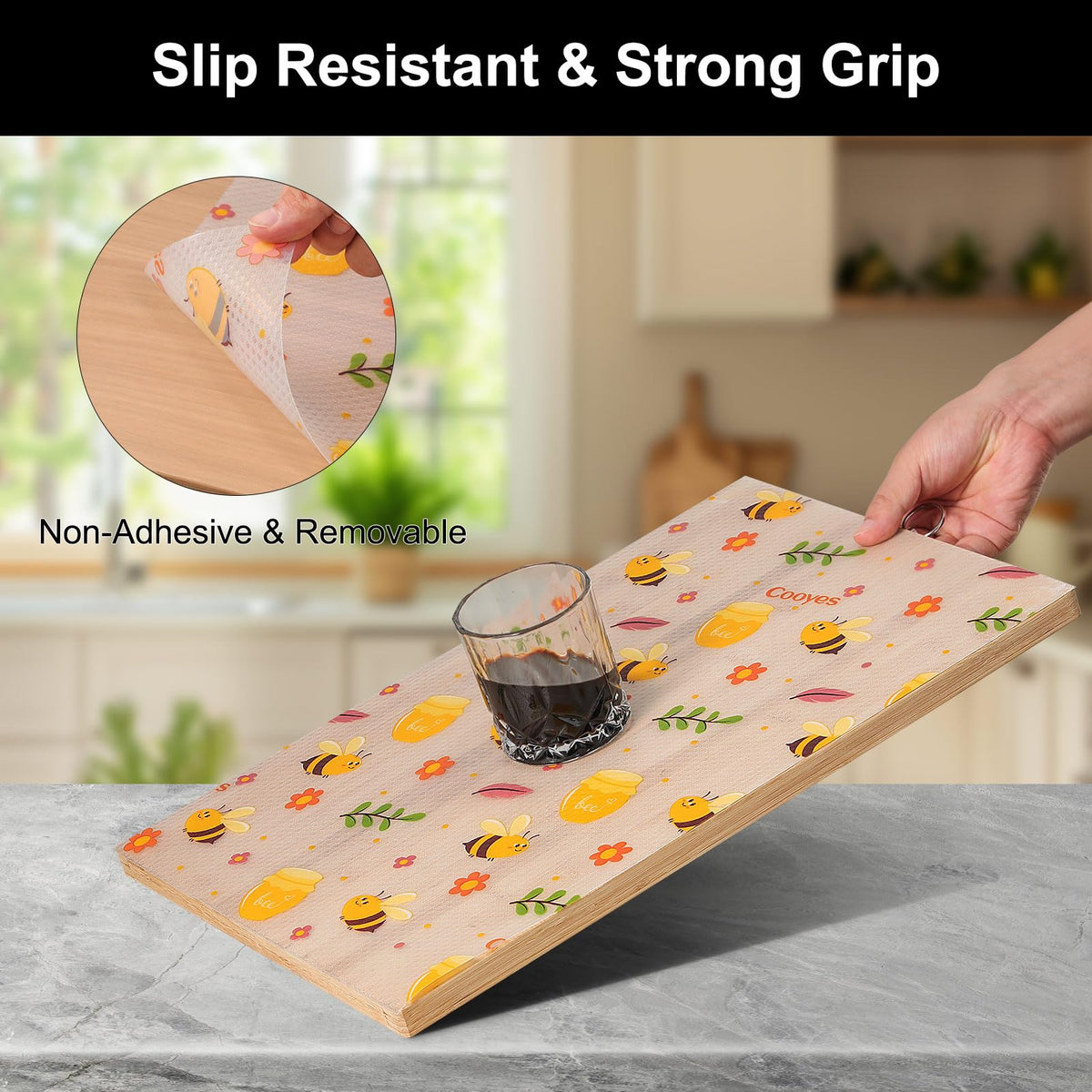 Cooyes kitchen liner showing non-slip surface keeps items in place.